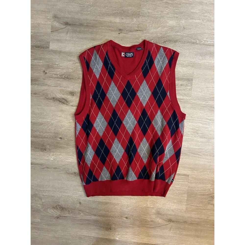 Chaps Mens XL Red Argyle Sweater Vest Cotton V Neck Preppy Golf Classic Dad Gift - Picture 7 of 13